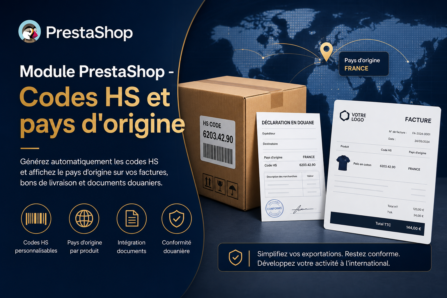 Module PrestaShop codes HS et pays d'origine produits