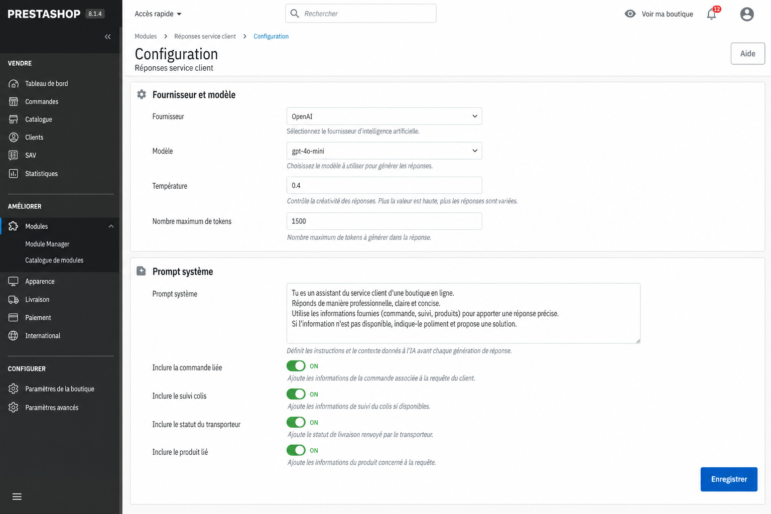 Configuration module assistant IA service client PrestaShop — choix du moteur et prompt système