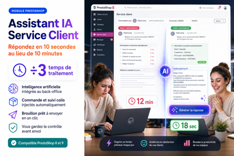 Service client PrestaShop : le guide complet pour répondre 3× plus vite avec un assistant IA (sans envoi automatique)