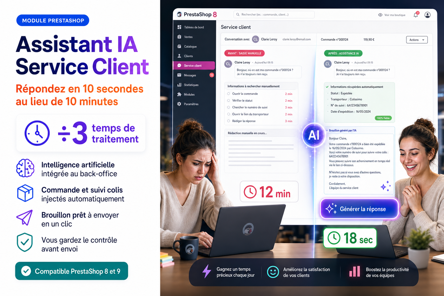 Module PrestaShop assistant IA service client - gain de temps réponses automatiques