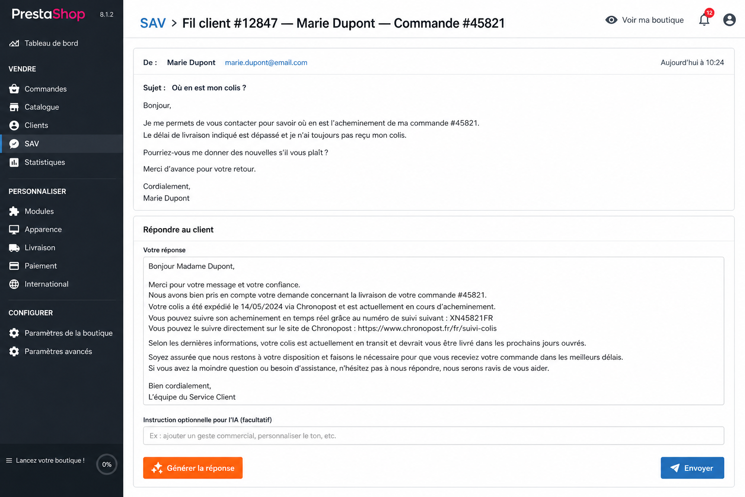 Interface messages clients PrestaShop - génération brouillon de réponse