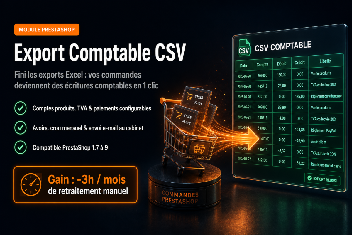 Export comptable PrestaShop — module CSV : commandes vers écritures comptables, compatible PS 1.7 à 9