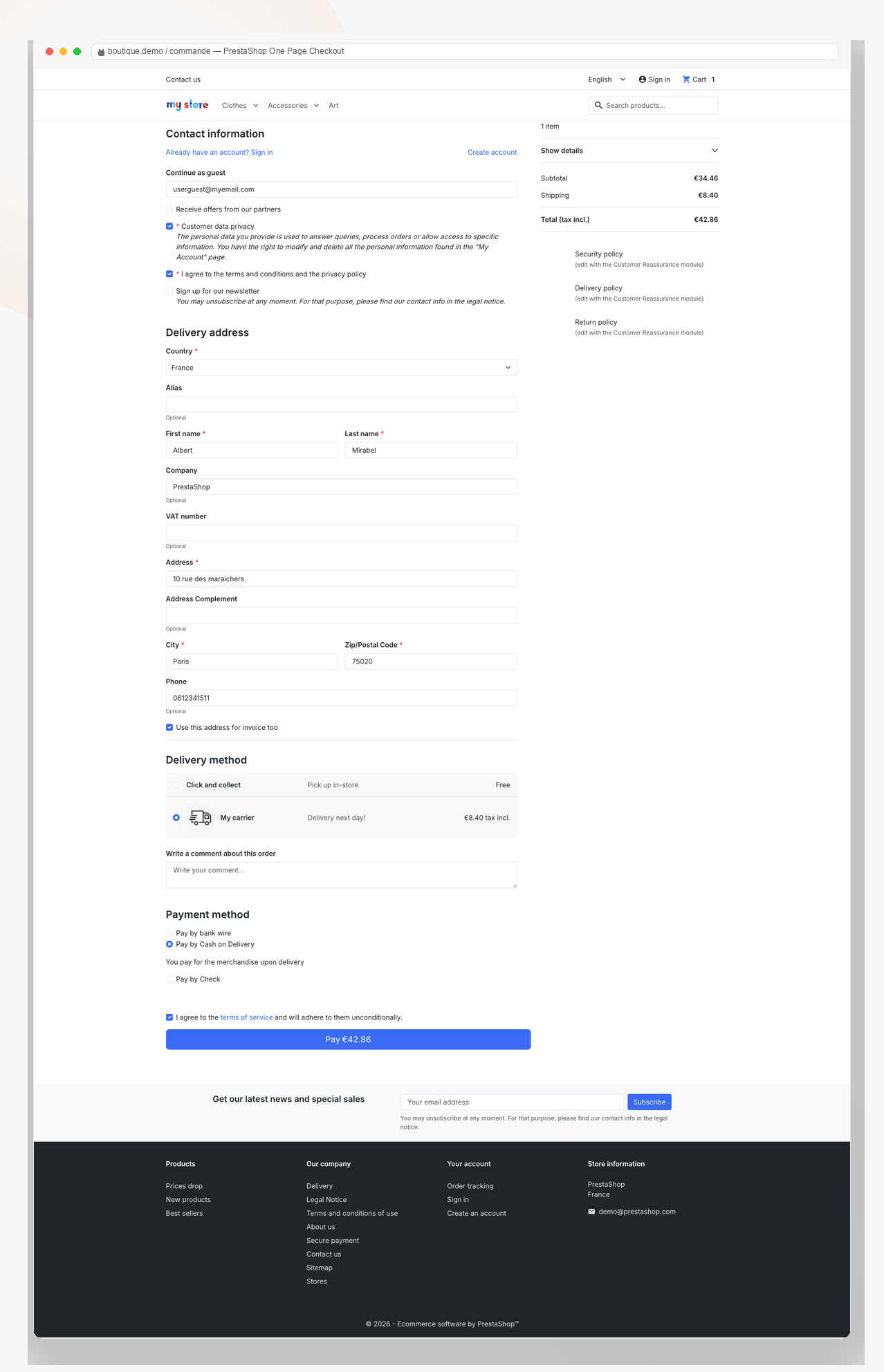 PrestaShop One Page Checkout natif 9.2 dans un navigateur — contact, adresse, transporteur et paiement sur une seule page