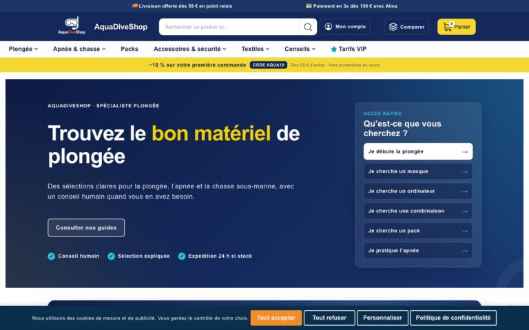 Page d'accueil AquaDiveShop matériel de plongée