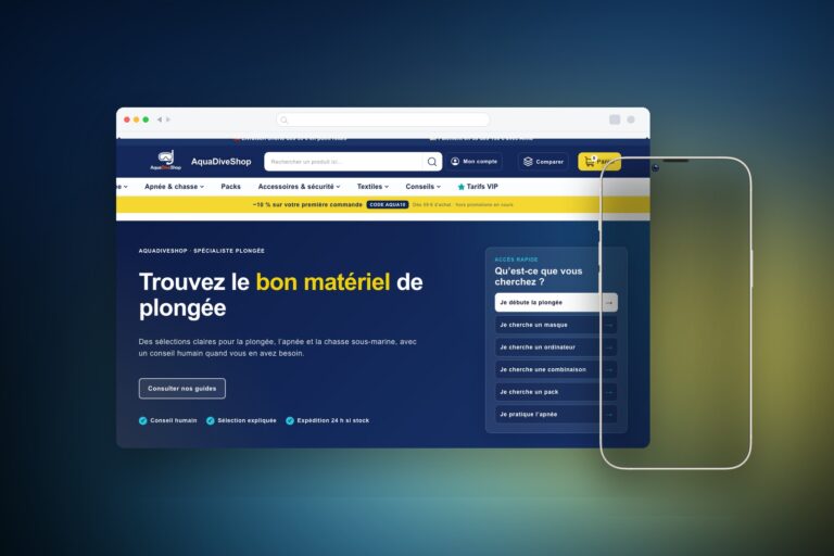 AquaDiveShop sur desktop et iPhone après optimisation