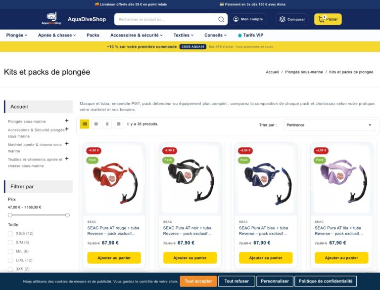 Page packs et kits plongée AquaDiveShop