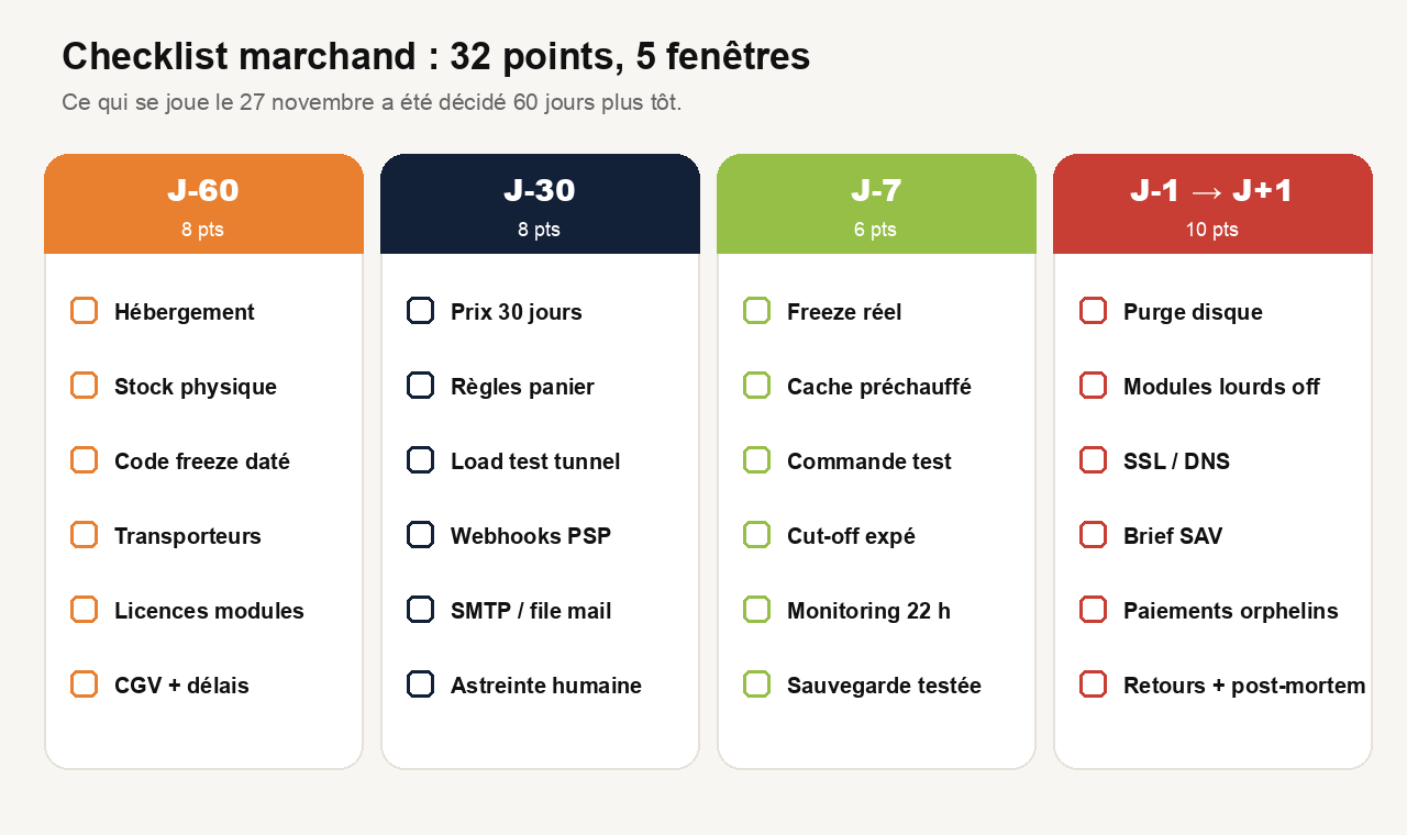 Checklist Black Friday e-commerce 32 points : J-60, J-30, J-7, J-1 jusqu'à J+1
