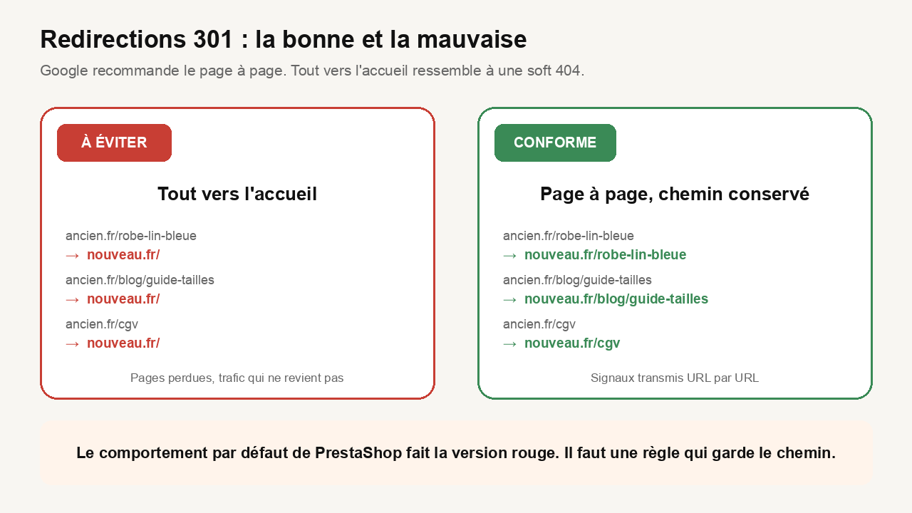 Redirections 301 changement de domaine : tout vers l'accueil à éviter, page à page avec chemin conservé conforme