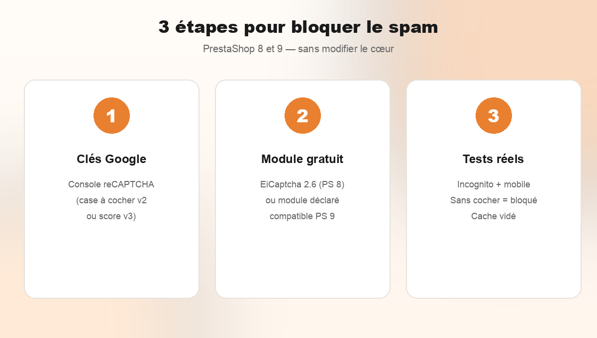 Trois étapes pour ajouter reCAPTCHA à PrestaShop 8 et 9 : clés Google, module gratuit, tests réels